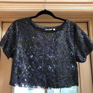 Nordstrom Leith Navy Lace Painted Crop Top